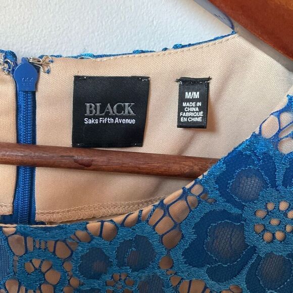 Black Saks Fifth Avenue Royal Blue Lace Overlay Dress, Medium. Elegant! - Picture 15 of 16
